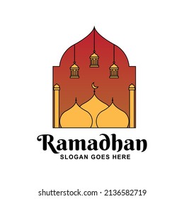 Ramadan Vector Logo Template, on a red background standing mosque decorated with lanterns