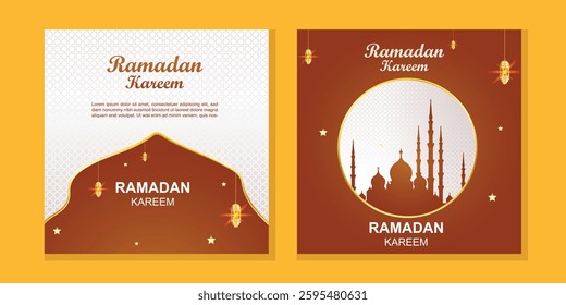 Ramadan vector template with Arabic style mosque window, lanterns and ketupat. Elegant design for social media posts, greeting cards and print media.