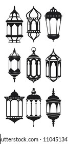 Ramadan vintage lantern linear icons. muslim antique lamp symbols.