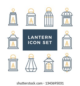 Ramadan vintage lantern set. Islamic antique lamp or light, muslim traditional line art. Vector flat style illustration isolated on white background