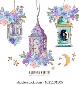 Ramadan watercolor Arabic lanterns with beautiful flowers vector design elements set isolated. Hand drawn illustration for banner, poster, print.
