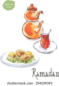 Ramadan and watercolor turkish tea with turkish baklava