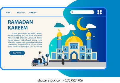 Página de inicio del sitio web Ramadán con ilustración de la mezquita y tema azul. Adecuado para páginas web durante Ramadán