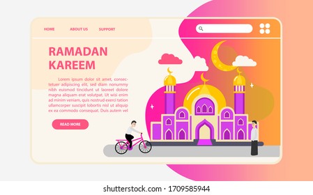 Ramadan website landing page with mosque illustration purple orange theme. Suitable for website pages during Ramadan