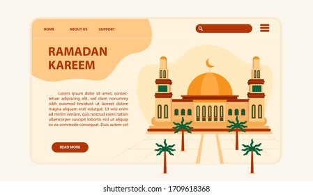 Ramadan website landing page with mosque illustration. Suitable for website pages during Ramadan