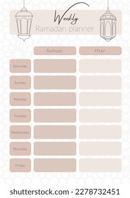 Ramadan weekly planner, minimal design light colours easy to plan Suhoor and Iftar meals weekly During Ramadan month