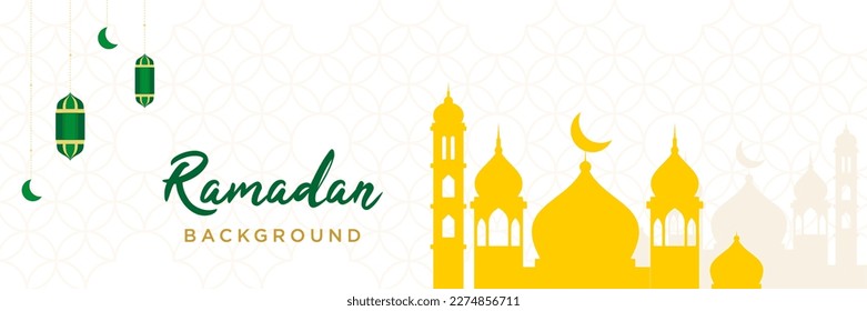 Ramadan white background with green lantern for banner, poster, card, social media, and product design. White space background with green lantern and mosque with islamic seamless pattern style