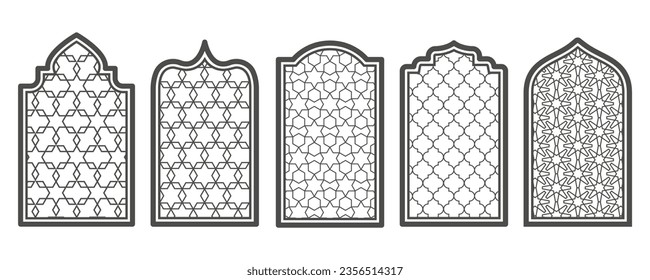 Ramadan window and door with pattern. Arabic arch vector shape in mosque. Arabesque arch frame with ornament