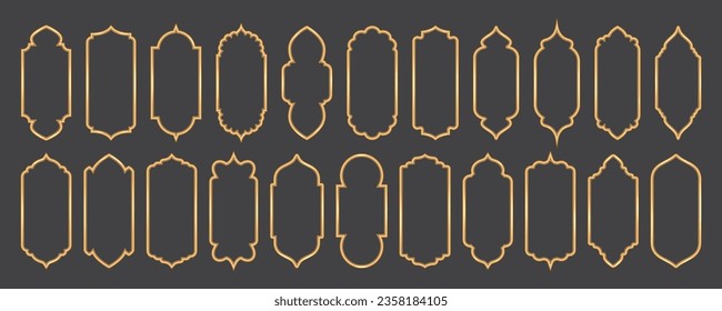 Ramadan window frame shapes. Islamic golden arches. Muslim mosque elements of architecture with ornament. Turkish gates and doors set. Vector illustration.