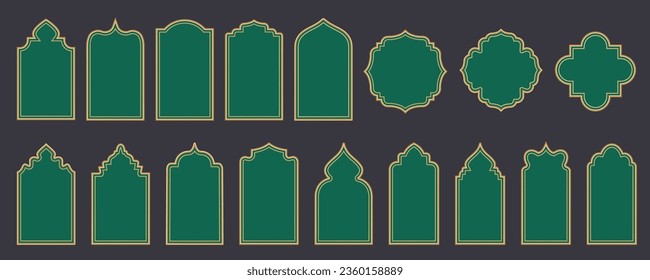 Ramadan window frame shapes. Islamic golden arches. Muslim mosque elements of architecture with ornament. Turkish gates and doors set. Vector illustration.