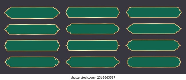 Ramadan window frame shapes. Islamic golden ribbons for text. Muslim mosque panel elements with ornament. Turkish tags set. Vector illustration. svg