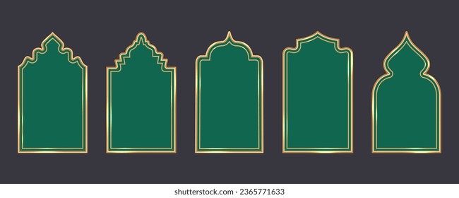 Ramadan window frame shapes. Islamic golden arches. Muslim mosque elements of architecture with ornament. Turkish gates and doors set. Vector illustration.