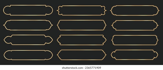 Ramadan window frame shapes. Islamic golden ribbons for text. Muslim mosque panel elements with ornament. Turkish tags set. Vector illustration.