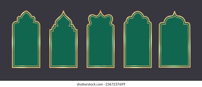 Formas de marco de ventana de Ramadán. Arcos de oro islámicos. Los elementos de la mezquita musulmana de la arquitectura con adorno. Puertas y puertas turcas. Ilustración vectorial.