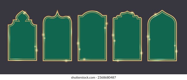 Ramadan window frame shapes. Islamic golden arches. Muslim mosque elements of architecture with ornament. Turkish gates and doors set. Vector illustration.