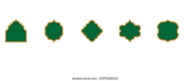 Ramadan window frame shapes. Islamic golden ribbons for text. Muslim mosque panel elements with ornament. Turkish tags set. Vector illustration