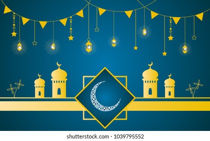 Ramadan wishing vector banner with Arabic shining lantern and simple decorative. Islamic background. Ramadan Kareem or Eid Mubarak greeting card, advertising or other your content.