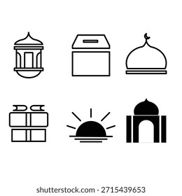 Conjunto de iconos de adoración de Ramadán con regalo de la mezquita de linterna y amanecer