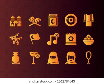 ramadan yellow icons set over brown background, colorful design, vector illustration