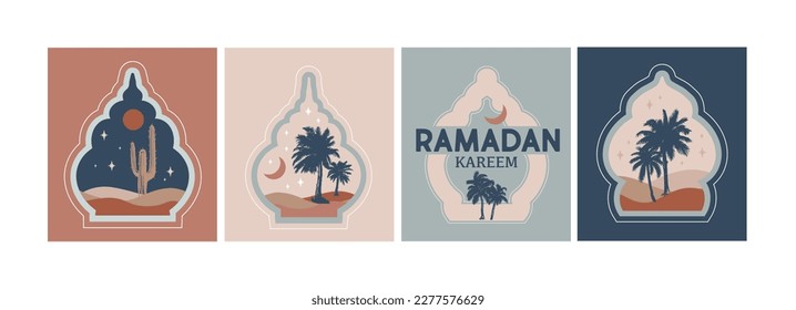 Ramadán.Colección de ventanas islámicas de estilo oriental, palmeras, cactus y desierto	