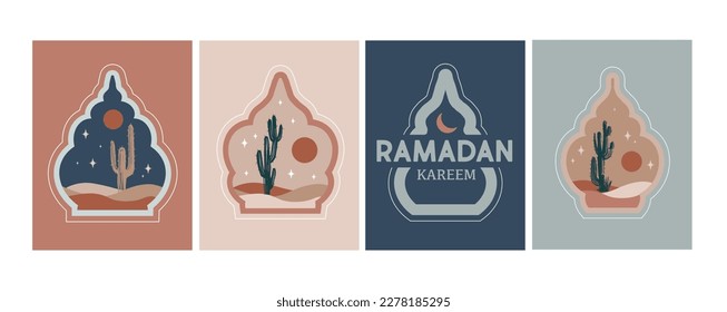 Ramadan.Collection of oriental style Islamic windows, palm trees, cactus and desert	