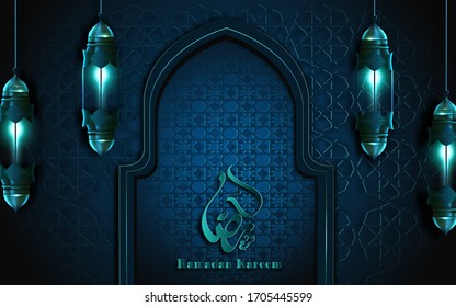 ramadan-kareem calligraphy means happy holiday-with blue dark-turquoise floral elements-and fanoos