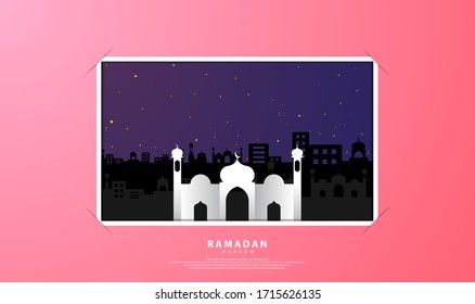 Ramadan-themed design with paper cut style, there are elements such as stars, mosques, shadows of buildings and mosques, suitable for ramadan backgrounds, posters, banners, vouchers, cards, templates,