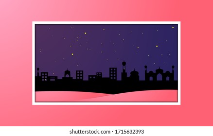 Ramadan-themed design with paper cut style, there are elements such as stars, mosques, shadows of buildings and mosques, suitable for ramadan backgrounds, posters, banners, vouchers, cards, templates,