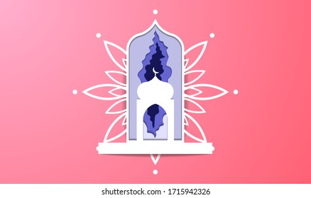 Ramadan-themed design with paper cut style, there are elements such as stars, mosques, shadows of buildings and mosques, suitable for ramadan backgrounds, posters, banners, vouchers, cards, templates,