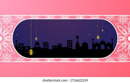 Ramadan-themed design with paper cut style, there are elements such as stars, mosques, shadows of buildings and mosques, suitable for ramadan backgrounds, posters, banners, vouchers, cards, templates,