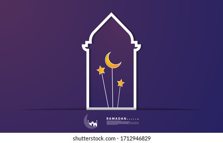 Ramadan-themed design, with a paper-cut style, with the addition of the moon, mosque and stars, suitable for ramadan-themed backgrounds, greeting cards, web, covers, templates, cards and etc.