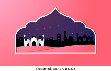 Ramadan-themed design, with a paper-cut style, with the addition of the moon, mosque and stars, suitable for ramadan-themed backgrounds, greeting cards, web, covers, templates, cards and etc.