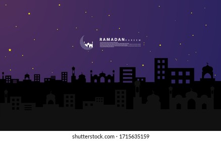 Ramadan-themed design, there are elements such as stars, mosques, shadows of buildings and mosques, suitable for ramadan backgrounds, posters, banners, vouchers, cards, templates