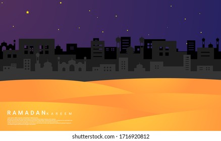 Ramadan-themed design, there are elements such as stars, mosques, shadows of buildings and mosques, suitable for ramadan backgrounds, posters, banners, vouchers, cards, templates, brochures, social me