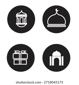 Um conjunto de ícones com tema Ramadã que combina uma mesquita, cúpula, caixa de presentes e elementos arquitetônicos islâmicos para representar a oração e a espiritualidade festiva.