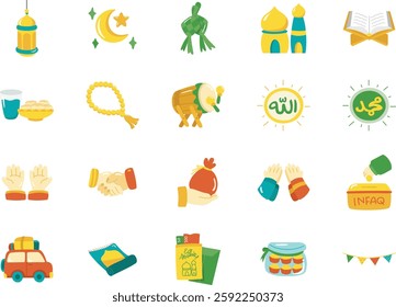 Ramadan-themed illustrations featuring lanterns, crescent moon, ketupat, tasbih, Quran, bedug,mosque, zakat, Eid envelope, prayer hands, donation box, and 'Allah' calligraphy. Perfect for Eid projects