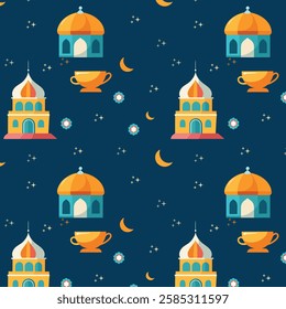 Ramadan-Themed Pattern with Lanterns, Moons, Stars, and Buildings on Dark Blue Background