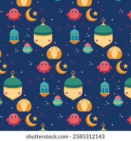 Ramadan-Themed Pattern with Lanterns, Moons, Stars, and Domes