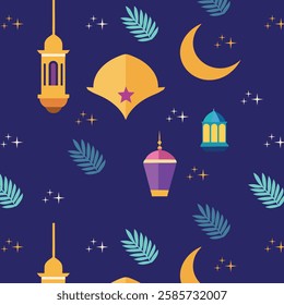 Ramadan-Themed Seamless Pattern with Lanterns, Crescent Moons, and Stars
