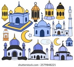 A Ramadan-themed sticker pack with ornate lanterns, crescent moons, prayer rugs, and mosque silhouettes. Illustrated in a gold and blue palette with intricate details, each item is isolated on a clean