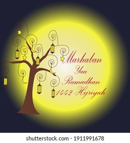 Ramadhan 1442 Hijriyah vector design illustration. Ramadhan with lights at night