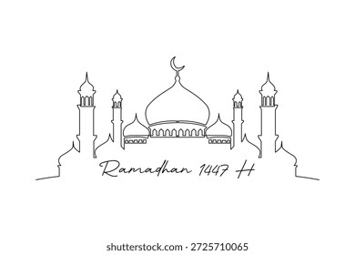 Ramadhan 1447 H Concept. Single line draw design. Vector graphic illustration