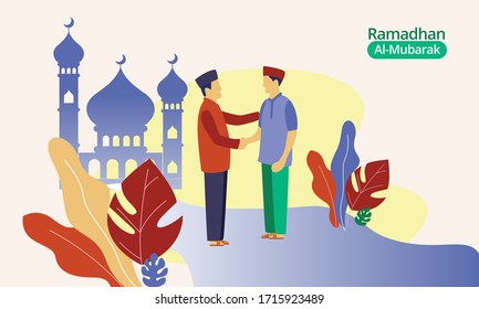 Cartel de bienvenida islámico diseñado por vector Ramadhan al mubarak con dos hombres musulmanes