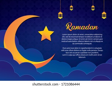 RAMADHAN BACKGROUND VECTOR - Paper Cut Syle with blue and yellow/gold/orange color as main color
