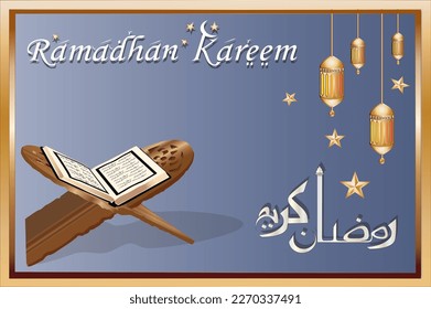 Ramadhan Background vector  with a picture of Quran in a traditional wood stand 
