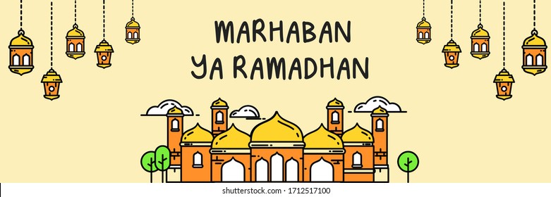 Ramadhan Banner with lanterns, and mosques line art illustrations. Good for Banner, poster, greeting cards and rtc.