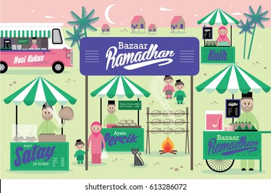 ramadhan bazaar template vector/illustration with malay words that mean steamed rice/cakes/percik chicken