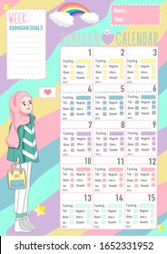 Ramadhan calendar checklist checklist prayer time in a month from 1st-15th . Translated:  checklist month of fasting for Muslims and schedule checklist prayer time during holy month 