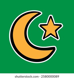 Ramadhan cute hand drawn Crescent Moon and Star vector doodle in color. Eid Mubarak hand drawn doodle art. Can use for sticker, graphic asset