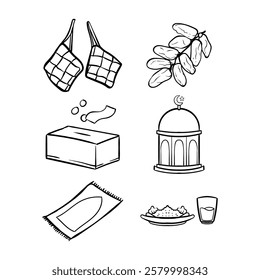 Ramadhan cute hand drawn vector doodle in line art style. Eid Mubarak hand drawn doodle art. Can use for sticker, graphic asset